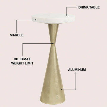 Ziggy 22" Contemporary Designer Metal Drink Table and Decorative End Table with White Marble Round Top and Cone Pedestal Base